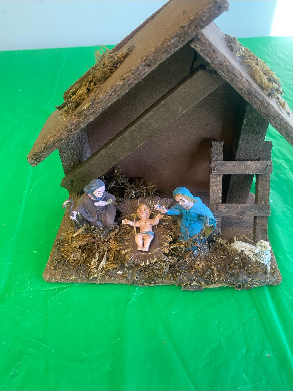 Rustic vintage Wooden Nativity Set with Blue-Robed Mary and Brown Stable